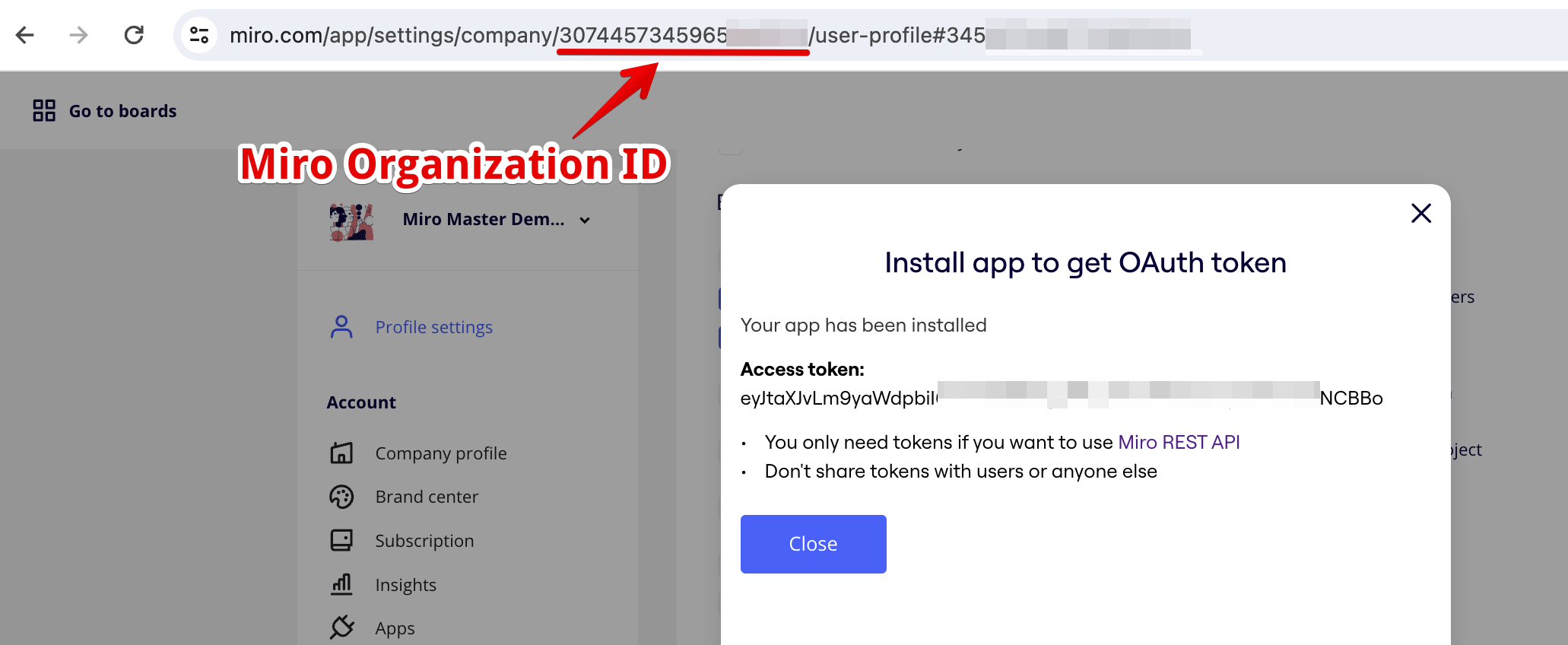 Install and and get token screenshot